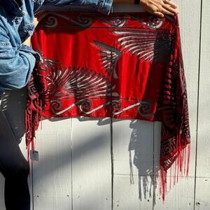 Vintage Sparkly Black & Red Scarf Sheer Lurex Art Deco Fringe Wrap